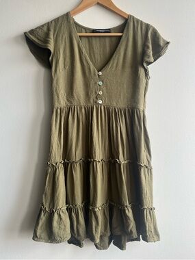 Olive Green Tiered V-Neck Button Front Forest Fairy Core Dress Women SZ Small
